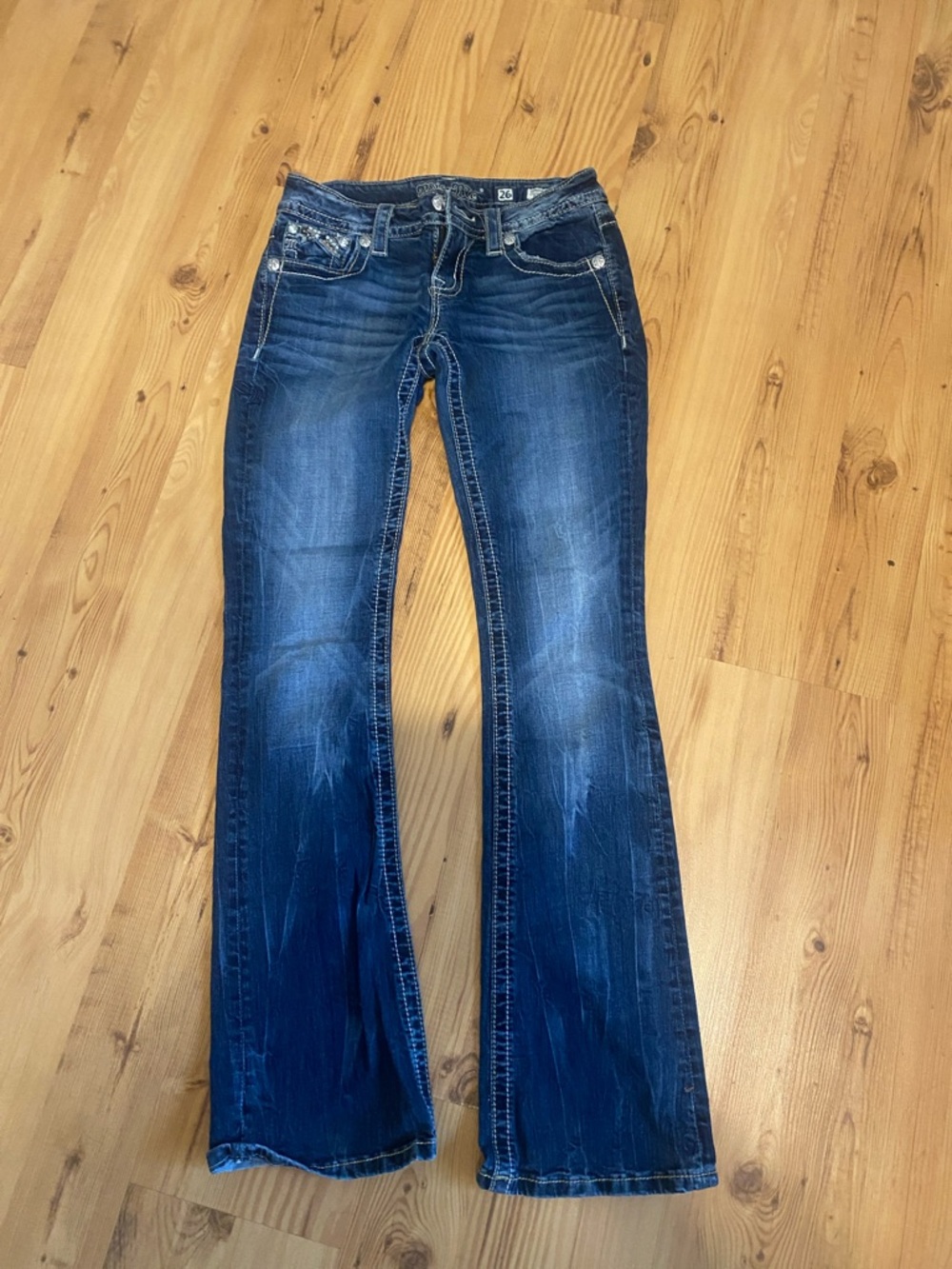 Miss Me Dark Blue Flare Jeans with Faded Whiskering
